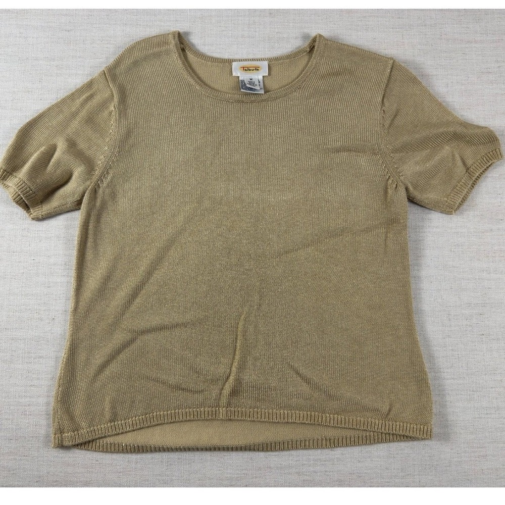 Talbots Womens Gold Metallic Knit Short Sleeve Crew Neck Sweater Top Size M